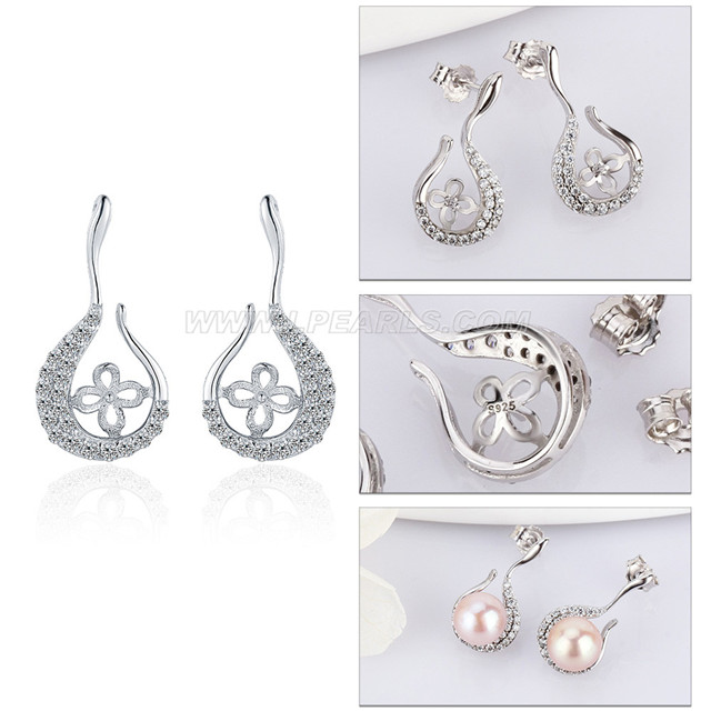 S925 Sterling Silver Cz Waterdrop Pearl Women Dangle Earrings Fittings