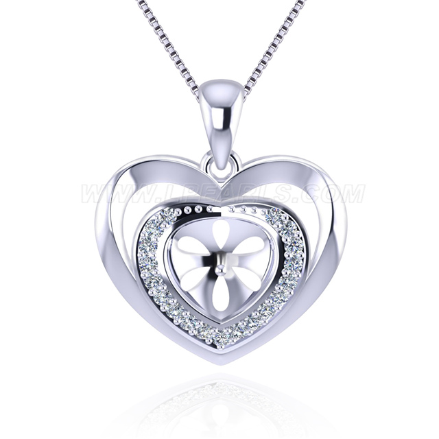 S925 sterling silver CZ heart pearl necklace pendant setting LP pearl ...